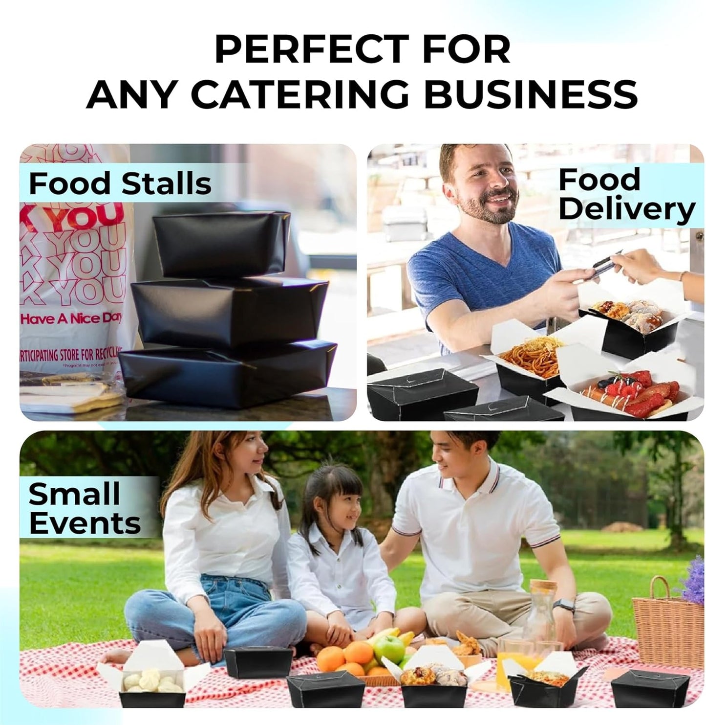NIEVAN Black Snack Box – Interlocking, Secure-Close, Disposable Takeaway Container, Recyclable, Ideal for Snacks, Pasta & Noodles