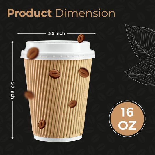 Disposable Coffee Cups with Lids 16oz – Triple Wall Kraft Ripple Paper Cups for Hot Drinks (30–150 Pcs)