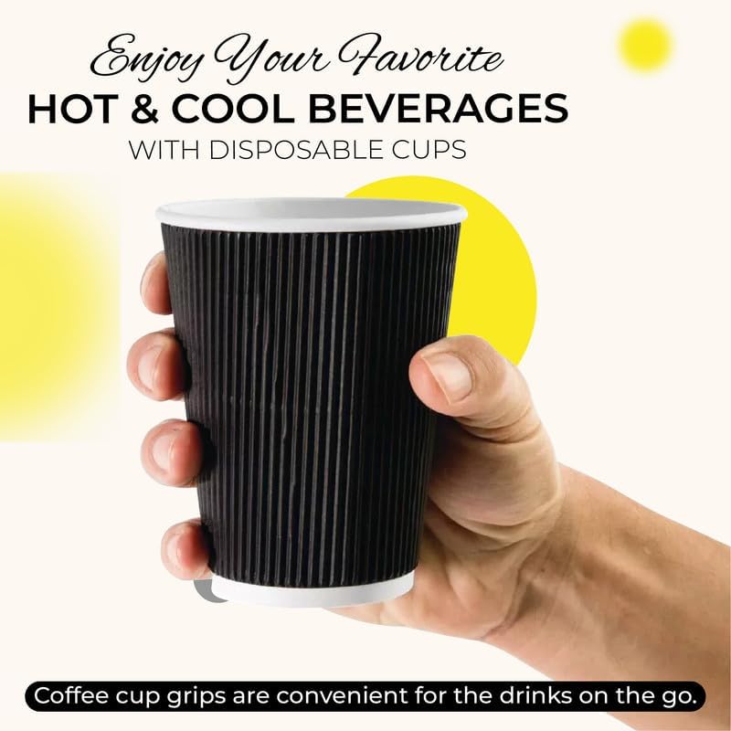 Disposable Coffee Cups – Biodegradable Ripple Wall Kraft Paper Cups (8oz & 16oz) | Insulated, Leakproof, Black