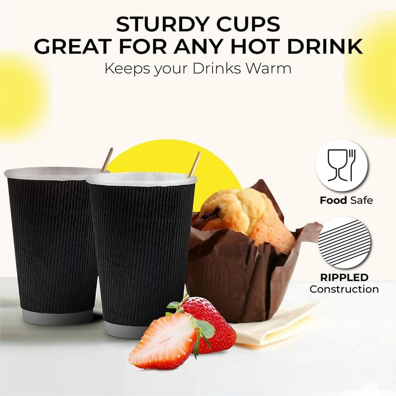 Disposable Coffee Cups – Biodegradable Ripple Wall Kraft Paper Cups (8oz & 16oz) | Insulated, Leakproof, Black