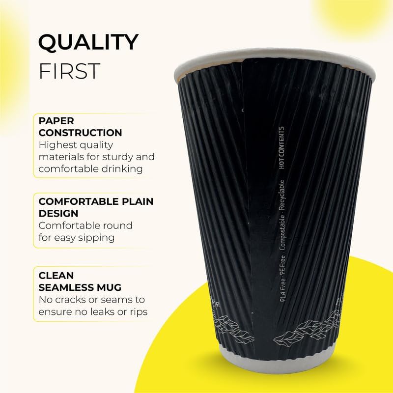 Disposable Coffee Cups – Biodegradable Ripple Wall Kraft Paper Cups (8oz & 16oz) | Insulated, Leakproof, Black