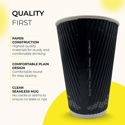 Disposable Coffee Cups – Biodegradable Ripple Wall Kraft Paper Cups (8oz & 16oz) | Insulated, Leakproof, Black