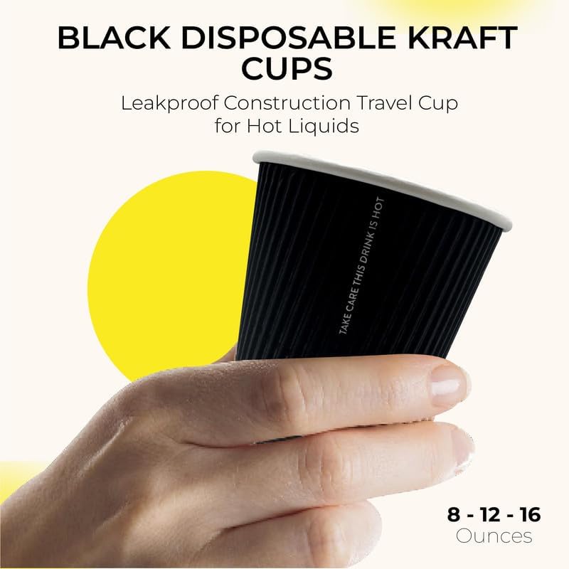Disposable Coffee Cups – Biodegradable Ripple Wall Kraft Paper Cups (8oz & 16oz) | Insulated, Leakproof, Black