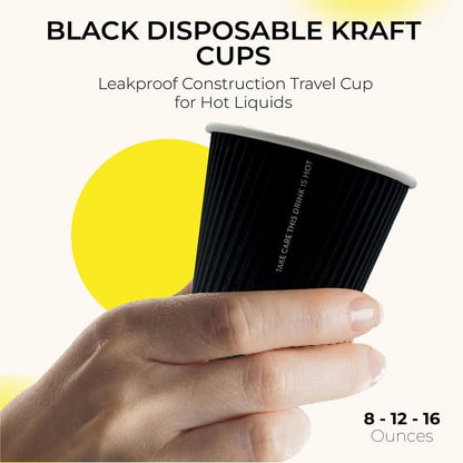 Disposable Coffee Cups – Biodegradable Ripple Wall Kraft Paper Cups (8oz & 16oz) | Insulated, Leakproof, Black
