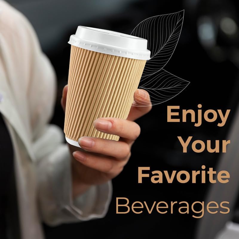Disposable Coffee Cups with Lids 16oz – Triple Wall Kraft Ripple Paper Cups for Hot Drinks (30–150 Pcs)