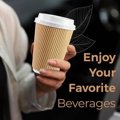 Disposable Coffee Cups with Lids 16oz – Triple Wall Kraft Ripple Paper Cups for Hot Drinks (30–150 Pcs)