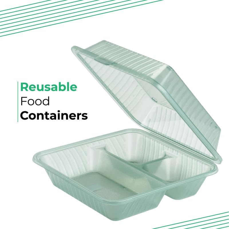 3 Compartment Meal Prep Containers with Airtight Hinged Lids – Reusable Bento Lunch Boxes, 2-8 Pack