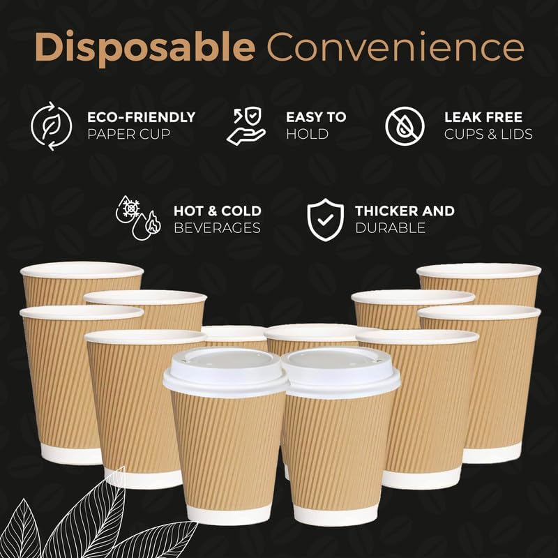 Disposable Coffee Cups with Lids 16oz – Triple Wall Kraft Ripple Paper Cups for Hot Drinks (30–150 Pcs)