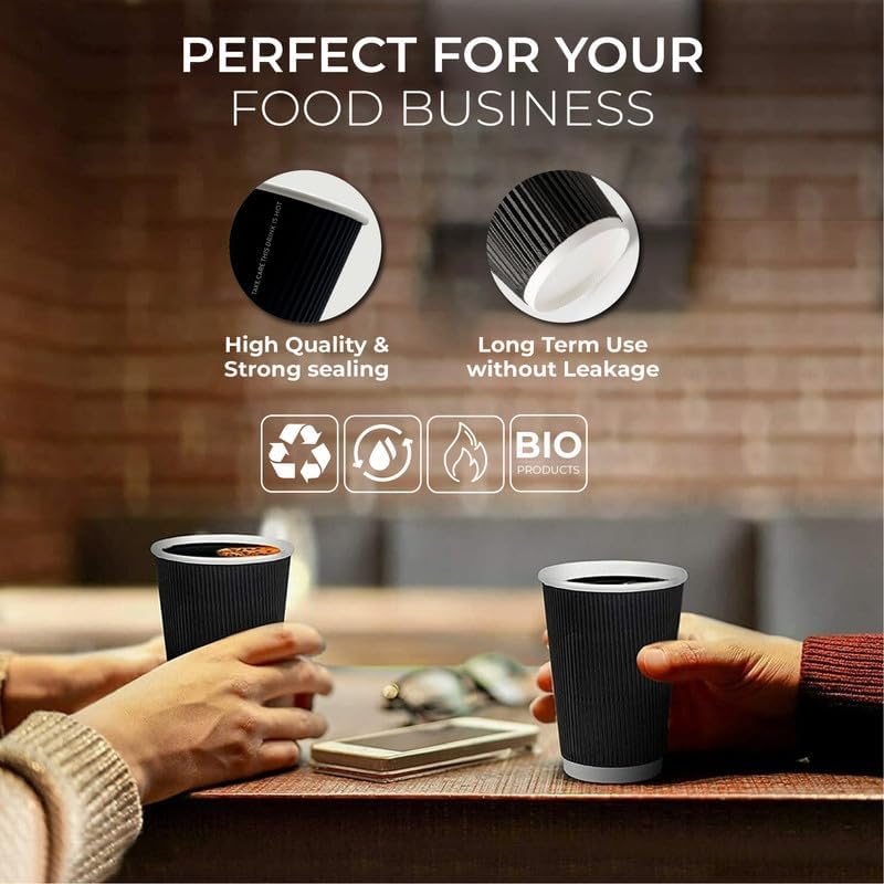 Disposable Coffee Cups – Biodegradable Ripple Wall Kraft Paper Cups (8oz & 16oz) | Insulated, Leakproof, Black