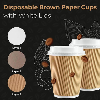 Disposable Coffee Cups with Lids 16oz – Triple Wall Kraft Ripple Paper Cups for Hot Drinks (30–150 Pcs)