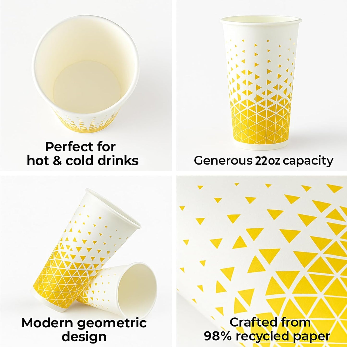 Disposable Paper Cups 16oz & 22oz – Recyclable Hot & Cold Drink Cups with Yellow Geometric Design (NIEVAN)