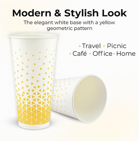 Disposable Paper Cups 16oz & 22oz – Recyclable Hot & Cold Drink Cups with Yellow Geometric Design (NIEVAN)