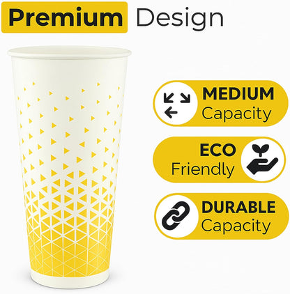 Disposable Paper Cups 16oz & 22oz – Recyclable Hot & Cold Drink Cups with Yellow Geometric Design (NIEVAN)