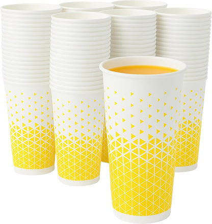 Disposable Paper Cups 16oz & 22oz – Recyclable Hot & Cold Drink Cups with Yellow Geometric Design (NIEVAN)