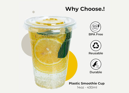 Disposable Plastic Smoothie Milkshake Slush Cups (14oz) with Lids