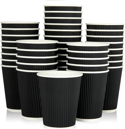 Disposable Coffee Cups – Biodegradable Ripple Wall Kraft Paper Cups (8oz & 16oz) | Insulated, Leakproof, Black