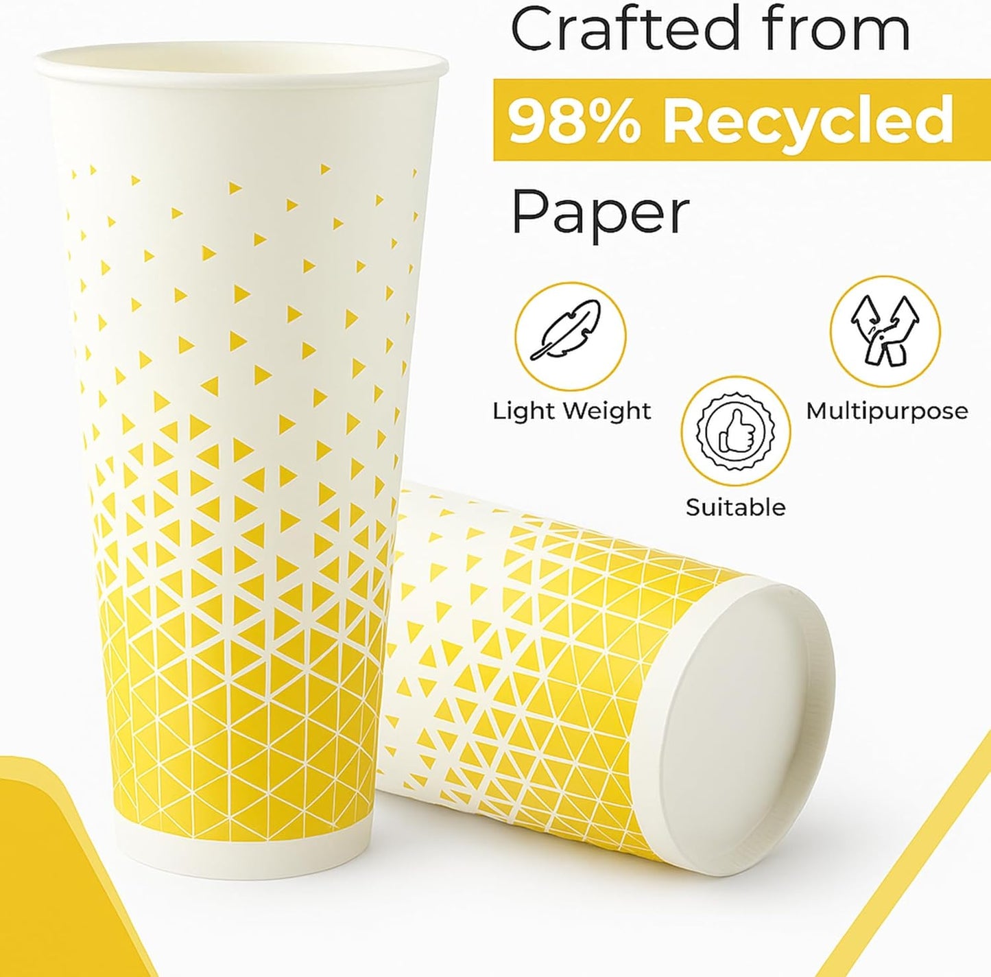 Disposable Paper Cups 16oz & 22oz – Recyclable Hot & Cold Drink Cups with Yellow Geometric Design (NIEVAN)