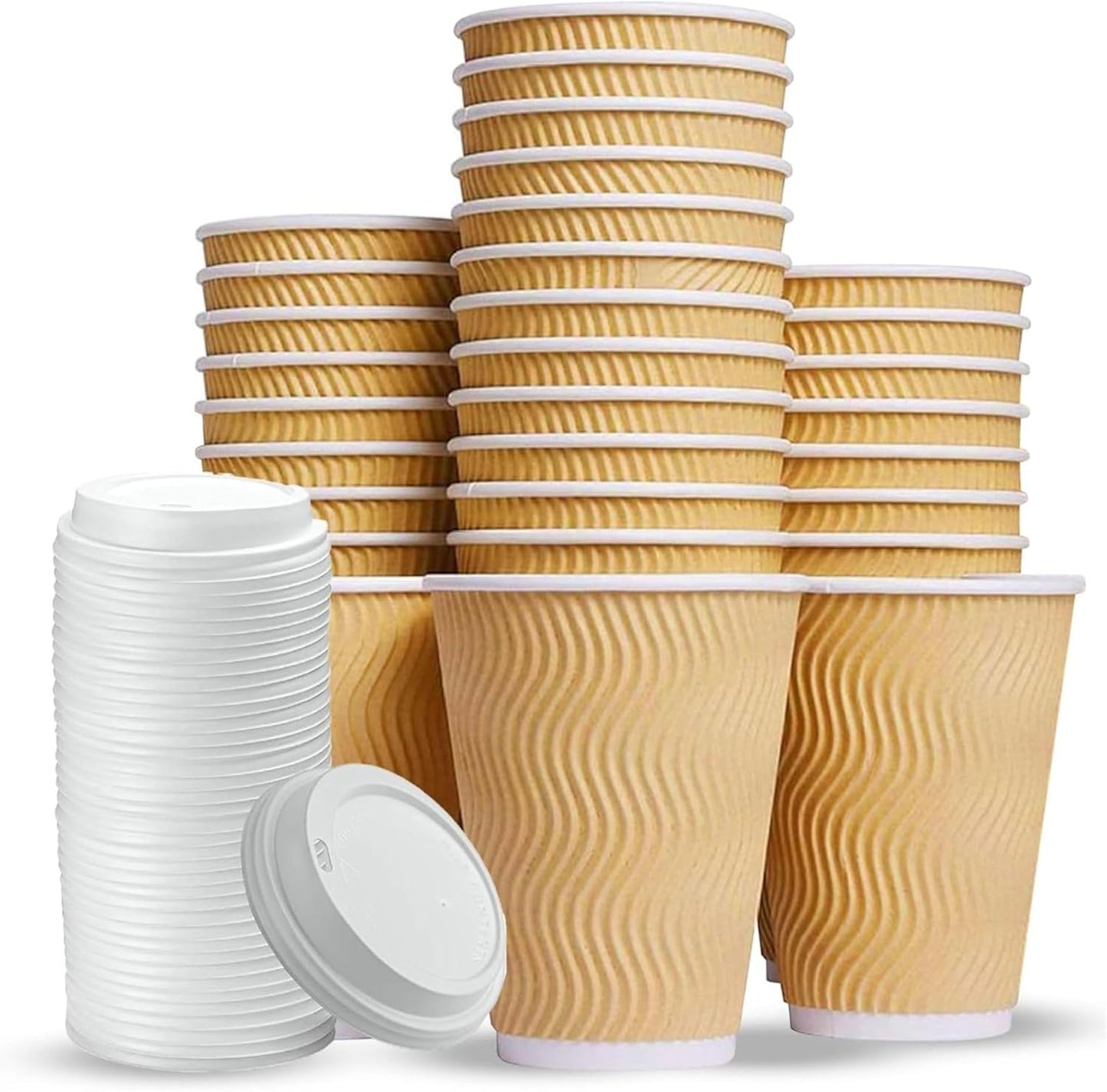 Disposable Coffee Cups with Lids 16oz – Triple Wall Kraft Ripple Paper Cups for Hot Drinks (30–150 Pcs)