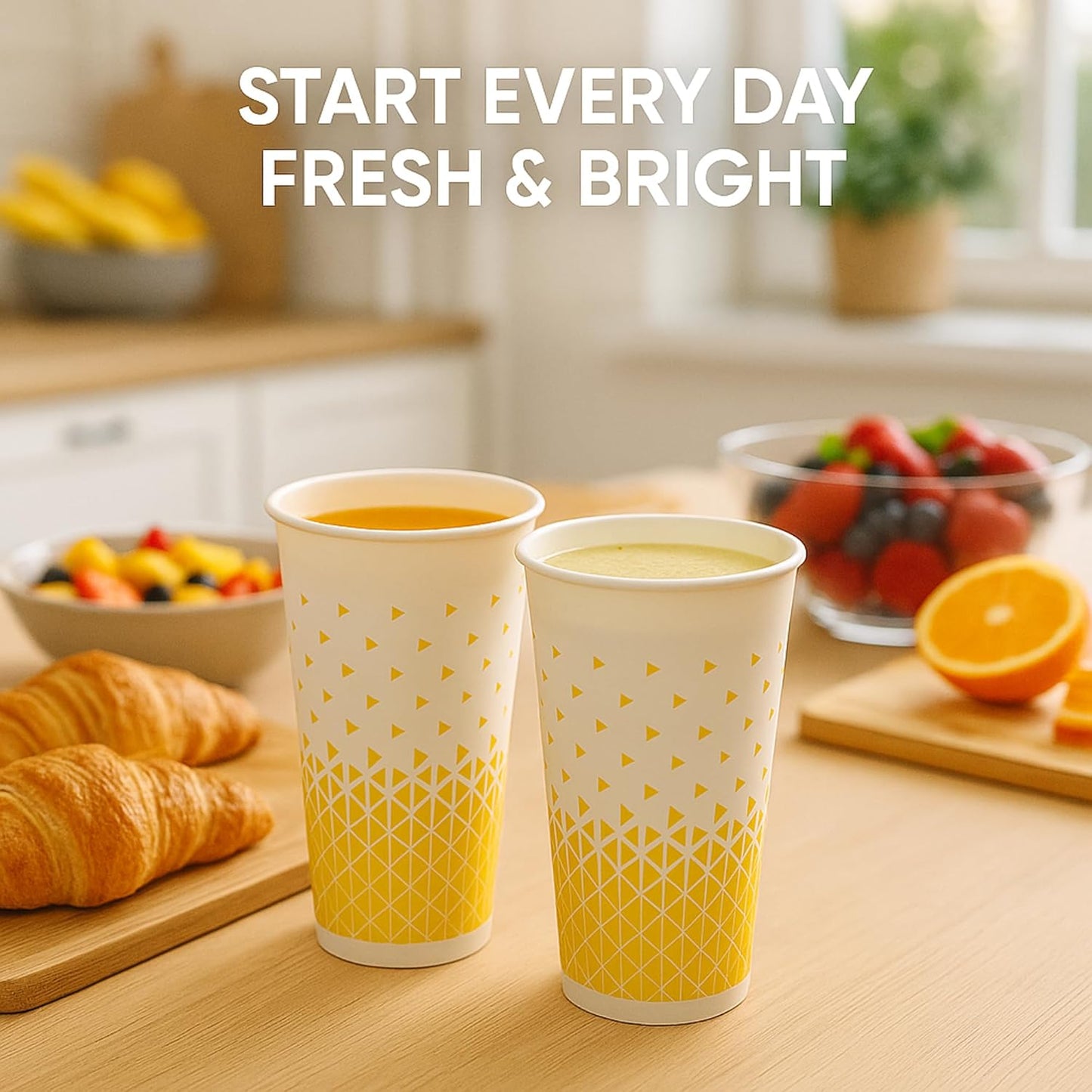 Disposable Paper Cups 16oz & 22oz – Recyclable Hot & Cold Drink Cups with Yellow Geometric Design (NIEVAN)