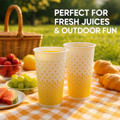 Disposable Paper Cups 16oz & 22oz – Recyclable Hot & Cold Drink Cups with Yellow Geometric Design (NIEVAN)