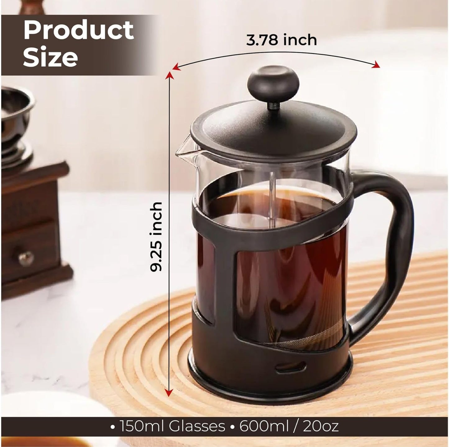 French Press Coffee Maker 600ml (20oz) – Black | Stainless Steel Filter & Heat-Resistant Glass