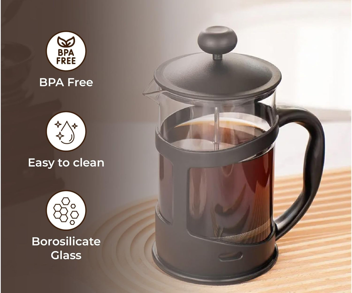 French Press Coffee Maker 600ml (20oz) – Black | Stainless Steel Filter & Heat-Resistant Glass