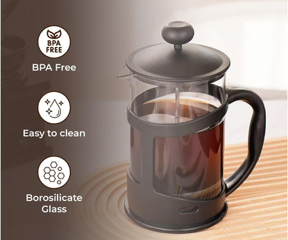 French Press Coffee Maker 600ml (20oz) – Black | Stainless Steel Filter & Heat-Resistant Glass