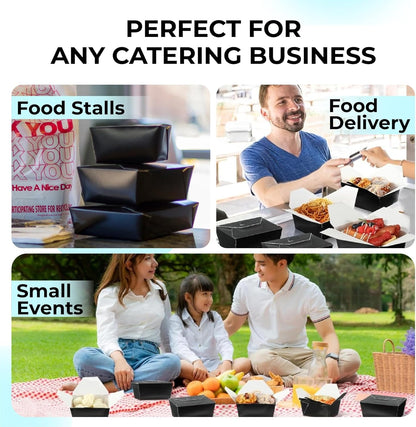 NIEVAN Black Snack Box – Interlocking, Secure-Close, Disposable Takeaway Container, Recyclable, Ideal for Snacks, Pasta & Noodles